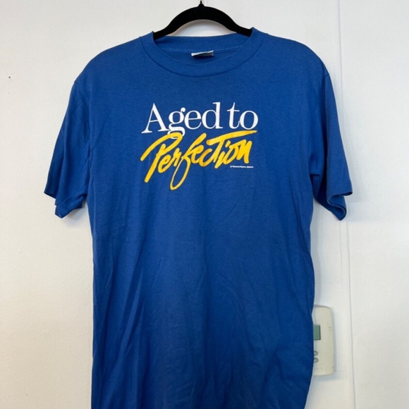 AGED TO PERFECTION Vintage T Shirt Hanes Beefy M Made USA Blue Peacock Papers - Picture 3 of 8